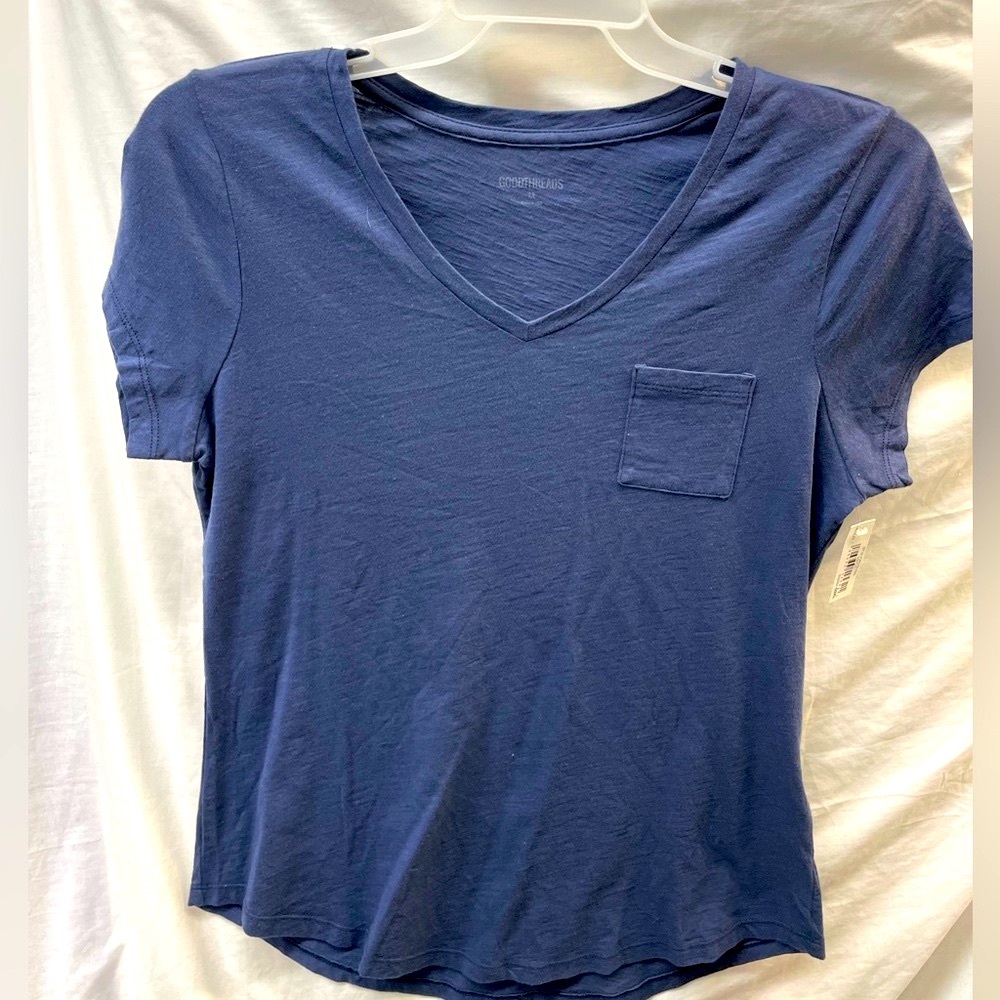 Goodthread Women's Blue V-Neck pocket Top ladies sz M